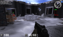 Wallhacking in AssaultCube, where players concealed in the corridors to the left and right are indicated with red rectangles AssaultCube wallhacks.png