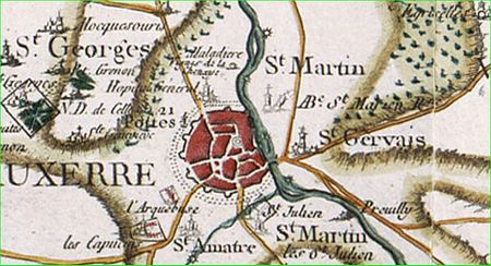 Cassini map of Auxerre of the mid to late 18th century showing the abbey as a ruin, to the north-east of the city Auxerre sur Cassini.JPG