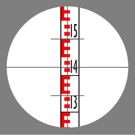 Stadia marks on a crosshair while viewing a metric levelling rod. The top mark is at 1.500 m and the lower is at 1.345 m. The difference between the rod readings is 0.155 m, yielding a distance to the rod of 15.5 m. Baak.svg