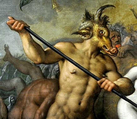 Horns of a goat and a ram, goat's fur and ears, nose and canines of a pig; a typical depiction of the devil in Christian art. The goat, ram and pig are consistently associated with the devil.[20] Detail of a 16th-century painting by Jacob de Backer in the National Museum in Warsaw.