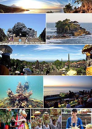 Several tourist spot in Bali island, from top left to right: Sunset over Amed beach with Mount Agung in the background, Garuda Wisnu Kencana monument, Tanah Lot temple, view from top of Besakih Temple, scuba diving around Pemuteran, The Rock Bar at Jimbaran Bay, and various traditional Balinese people activities