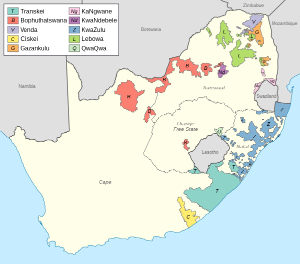 Map of the black homelands in South Africa at the end of apartheid in 1994