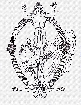 A sacred symbol of Bathala, depicting him in the middle with an anito guardian underneath him and a tigmamanukan omen bird behind him. The non-traditional image is influenced by modernity as the tigmamanukan is wrongfully portrayed as a sarimanok from Mindanao. BathalaDiwataPhilippinemythology.jpg