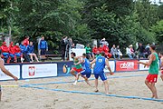 Deutsch: Beachhandball Europameisterschaften 2019 (Beach handball Euro); Tag 3: 4. Juli 2019 – Männer, Platzierungsrunde Gruppe IV, Rumänien-Portugal 2:0 (15:14, 25:24) English: Beach handball Euro; Day 3: 4 July 2019 – Men Consolation Round Group IV – Romania-Portugal 2:0 (15:14, 25:24)