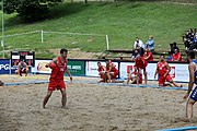 Deutsch: Beachhandball Europameisterschaften 2019 (Beach handball Euro); Tag 6: 7. Juli 2019 – Platzierungsspiele Rang 13-16 Männer, Rumänien-Serbien 2:0 (21:18, 22:20) English: Beach handball Euro; Day 6: 7 July 2019 – Placement Match 13–16 Men – Romania-Serbia 2:0 (21:18, 22:20)