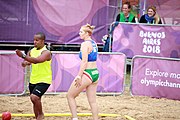 Deutsch: Beachhandball bei den Olympischen Jugendspielen 2018; Tag 6, 12. Oktober 2018; Mädchen, Hauptrundenspiel – Ungarn-Niederlande 2:1 English: Beach handball at the 2018 Summer Youth Olympics at 12 October 2018 – Girls Main Round – Hungary-Netherlands 2:1