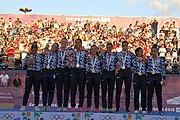 Deutsch: Beachhandball bei den Olympischen Jugendspielen 2018 in Buenos Aires; Tag 7, 13. Oktober 2018; Medaillenzeremonie Mädchen - Gold: Argentinien, Silber: Kroatien, Bronze: Ungarn English: Beach handball at the 2018 Summer Youth Olympics in Buenos Aires at 13 October 2018 – Medal Ceremony Girls - Gold: Argentina, Silver: Croatia, Bronze: Hungary Español: Handball de playa en los Juegos Olimpicos de la Juventud Buenos Aires 2018 en 13 de octubre de 2018 – Medalla Ceremonia para niñas - Oro: Argentina, Plata: Croacia, Bronce: Hungría