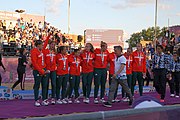 Deutsch: Beachhandball bei den Olympischen Jugendspielen 2018 in Buenos Aires; Tag 7, 13. Oktober 2018; Medaillenzeremonie Mädchen - Gold: Argentinien, Silber: Kroatien, Bronze: Ungarn English: Beach handball at the 2018 Summer Youth Olympics in Buenos Aires at 13 October 2018 – Medal Ceremony Girls - Gold: Argentina, Silver: Croatia, Bronze: Hungary Español: Handball de playa en los Juegos Olimpicos de la Juventud Buenos Aires 2018 en 13 de octubre de 2018 – Medalla Ceremonia para niñas - Oro: Argentina, Plata: Croacia, Bronce: Hungría