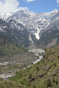 View of Himalayas from Beas river valley in Kullu.