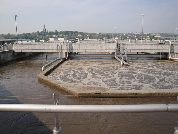 Aeration tank of an activated sludge process at the wastewater treatment plant in Dresden-Kaditz, Germany