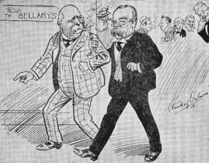 Reform leaders William Massey and James Allen head for Bellamy's to celebrate their victory over the Liberals and their assumption of government. (Cartoon in the New Zealand Spectator, 13 July 1912) Bellamy's cartoon.gif