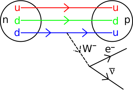 Diagrama de Feynman d'una desintegració beta, procés mitjançant el qual un neutró pot convertir-se en protó. En la figura, un dels tres quarks del neutró de l'esquerra (quark d en blau), emet una partícula W  -  i passa a ser un quark (o); la partícula emesa (W  -- ) es desintegra en un antineutrí i un electró