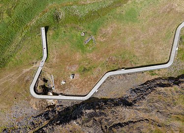 Birdseye view of Pedreira do Campo wooden footbridge, Santa Maria, Azores, Portugal