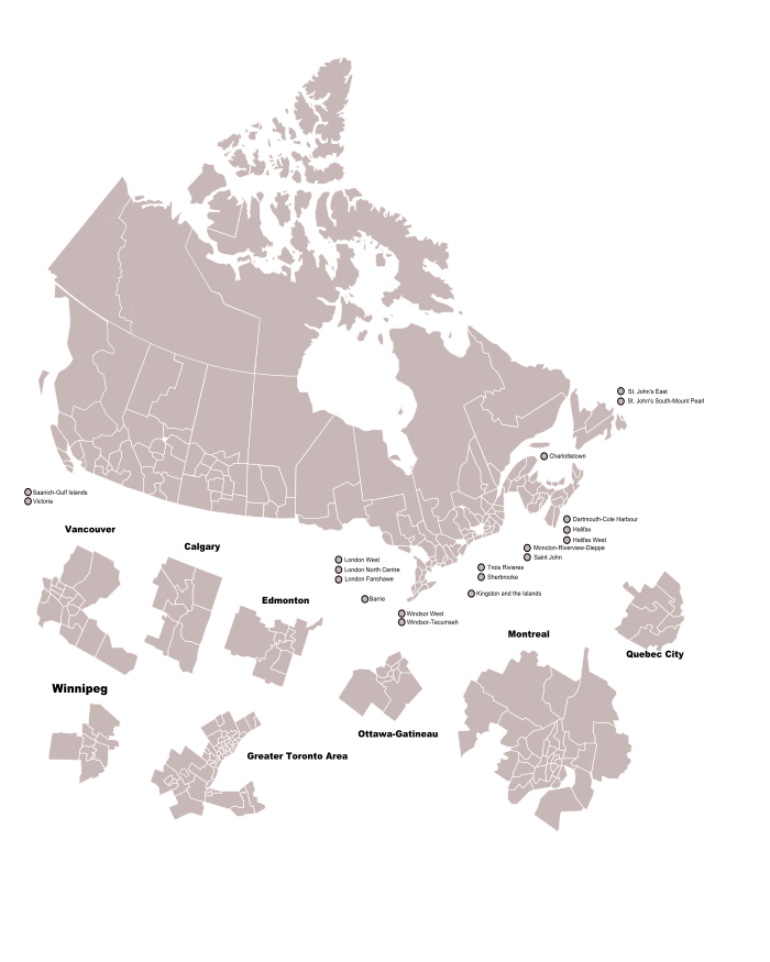 Map of Canadian federal ridings in the 2008 election. Blank Canada fed election riding map.svg