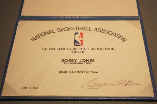 Certificate presented to Jones for NBA All-Defensive honors in 1981–82.