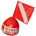 Inflatable surface marker buoy marked with diving flag