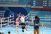 Deutsch: Boxen bei den Olympischen Jugendspielen 2018 Tag 12, 18. Oktober 2018 - Kampf um die Bronzemedaille im Fliegengewicht Mädchen – Heaven Destiny Garcia (USA, blau) schlägt Goryanana Stoeva (Bulgarien, rot) 5-0; Ringrichter ist Ishanguly Meretnyyazov (Turkmenistan). English: Boxing at the 2018 Summer Youth Olympics on 18 October 2018 – Girl's flyweight Bronze Medal Bout - Heaven Destiny Garcia (USA, blue) beats Goryanana Stoeva (Bulgaria, red) 5-0; Referee is Ishanguly Meretnyyazov (Turkmenistan). Español: Boxeo en los Juegos Olímpicos Juveniles de Verano de 2018 en 18 de octubre de 2018 - Combate a medalla de bronce de peso mosca para mujeres: Heaven Destiny Garcia (Estados Unidos, azul) le gana a Goryanana Stoeva (Bulgaria, roja) 5-0; El árbitro es Ishanguly Meretnyyazov (Turkmenistán).