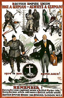 Propaganda poster, circa 1919, from the British Empire Union calling for boycott of German goods and depicting German businesspeople selling their products in Britain as "the other face" of German soldiers who committed atrocities during World War I British Empire Union WWI poster.jpg