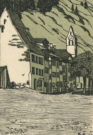 Von Emil Cardinaux gestaltete Mono-Karte, Motiv «Unterseen» (1911)