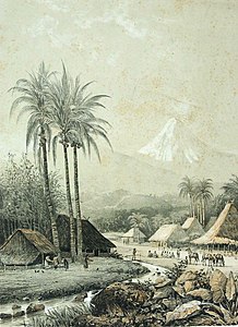 Litografi berdasarkan lukisan Abraham Salm dengan pemandangan desa dan latar belakang Gunung Semeru (1865-1872)