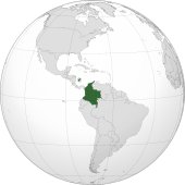 Location of Colombia (dark green) in South America (grey)
