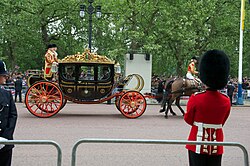 The Australian State Coach in use for the wedding of the Duke and Duchess of Cambridge, 2011. Carriage Parents Wedding Prince William Kate Middleton.jpg