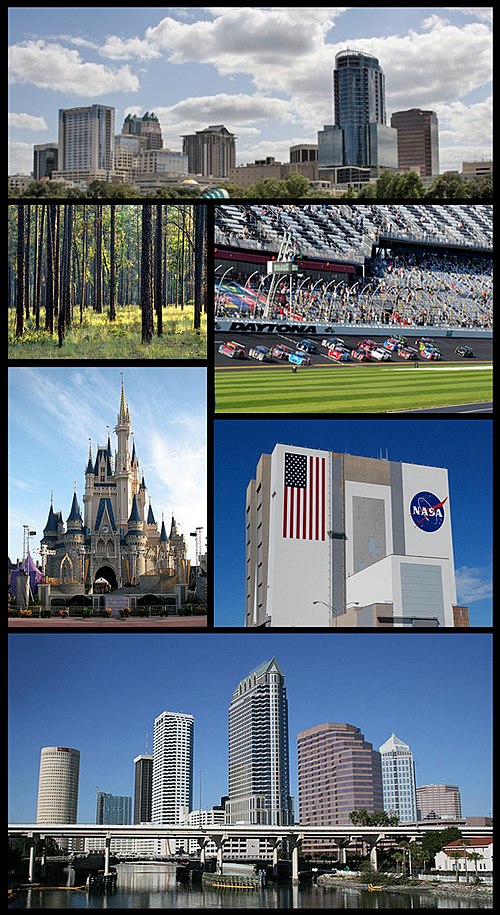 Central Florida Images top from bottom, left to right: Orlando Skyline, Daytona International Speedway, Walt Disney World, Kennedy Space Center, Tampa