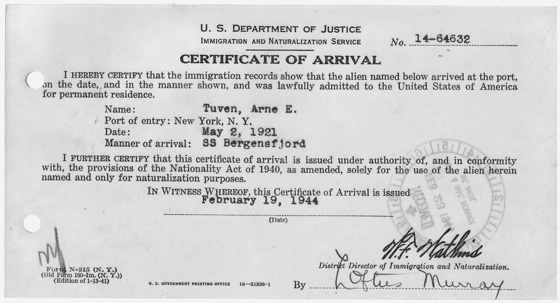 File:Certificate of Arrival for Arne E. Tuven. - NARA - 281868.tif