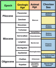 Table displaying the Choctaw Sea and its relation to geologic time and North American Land Mammal Ages. Dry periods or marine regressive periods are tan in color. Choctaw Sea table.png