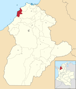 Ubicación del municipio y localidad de Moñitos en el departamento de Córdoba de Colombia.