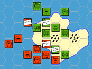 A board wargame displaying an amphibious assault by the red player against an island defended by the green player CosimAmphibious.svg