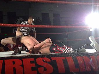 Bryan Danielson applying his cattle mutilation finishing hold, a bridging grounded double chickenwing