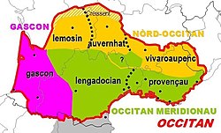 Map of Occitan dialects; Vivaro-Alpine dialect in the northeast.