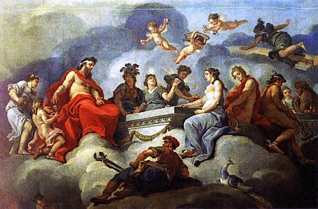 Facing Zeus but at a remove sits his wife Hera, angered at the replacement of their daughter Hebe by Zeus' favorite, the new divine hero.