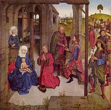 Caspar is behind the kneeling Melchior in The Magi visiting child Jesus, by Dieric Bouts Dieric Bouts 004.jpg