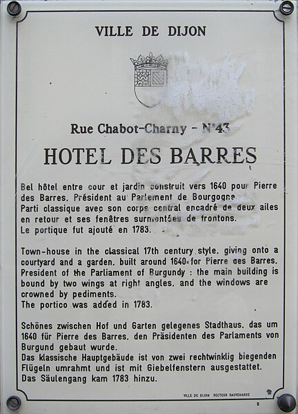 File:Dijon Hotel des Barres plaque information.jpg