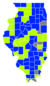 Provincies in blauw worden gewonnen door Ford en provincies in groen door Duncan