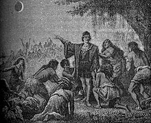 Illustration of Columbus using a lunar eclipse to impress the Indigenous people of Jamaica.
From Astronomie Populaire 1879, p 231 fig. 86 Eclipse Christophe Colomb.jpg