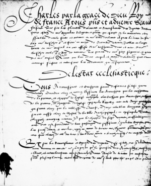 Prima pagină a Edictului de la Saint Germain, cu scriere franceză curgătoare pe ea.