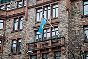 The flag of Kazakhstan hanging at the Kazakh Embassy in Stockholm