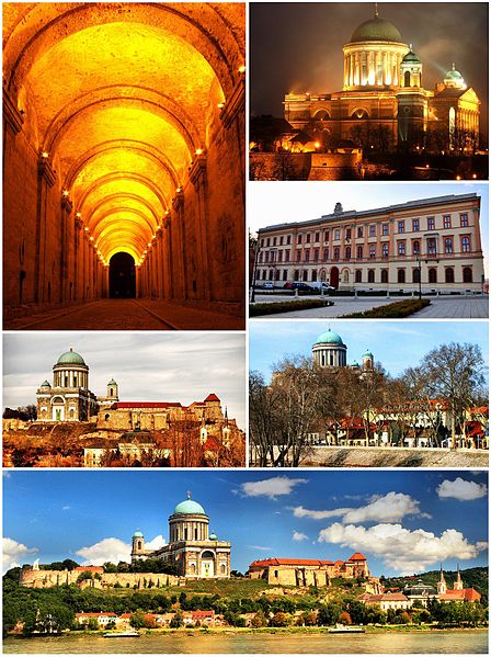 Top left: Dark Gate, Top upper right: Esztergom Cathedral, Top lower right: Saint Adalbert Convention Center, Middle left: Kis-Duna Setany (Little Dan