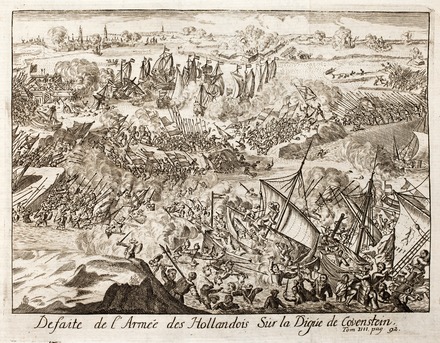 Defeat of the rebels on the Kouwensteinsedijk near the pontoon bridge, 26 May 1585. Lamberecht Causé in Famiano Strada Histoire de la guerre des Païs Bas, 1727.