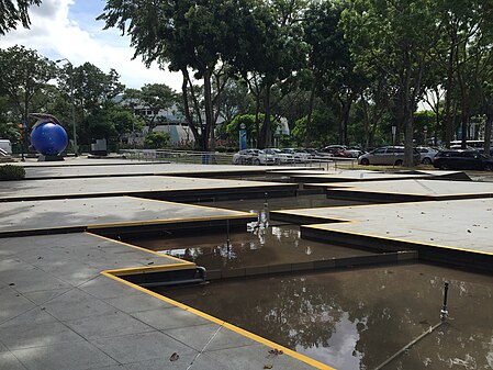 Flächen mit Kantenlängen im Verhältnis der Fibonacci-Zahlen zwischen Wasserbecken, Science Centre Singapore