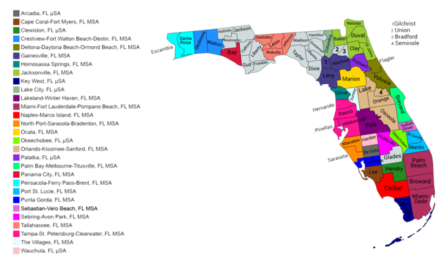 Map of the 29 core-based statistical areas in Florida.