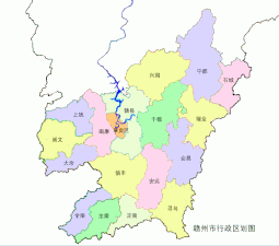 赣州市行政区划图，西南方向染成绿色的行政区域为龙南县（现已改制为县级龙南市）