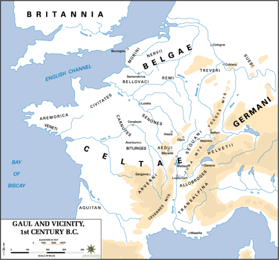 A map of Gaul in the 1st century BCE, showing the relative positions of the Celtic ethnicities: Celtae, Belgae and Aquitani.