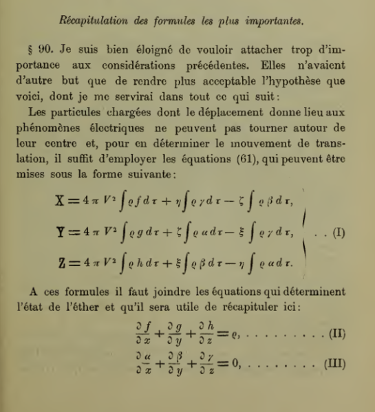 File:H. A. Lorentz - Lorentz force, div E = ρ, div B = 0 - La théorie electromagnétique de Maxwell et son application aux corps mouvants, Archives néerlandaises, 1892 - p 451 - Eq. I, II, III.png