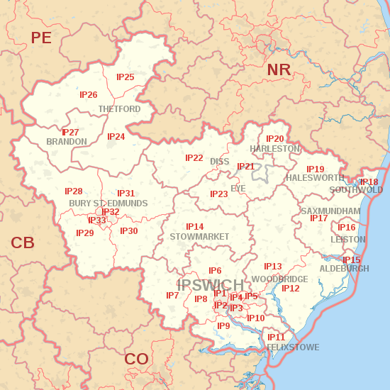 Карта области IP-почтового индекса, показывающая районы почтовых индексов, почтовые города и соседние области почтового индекса. 