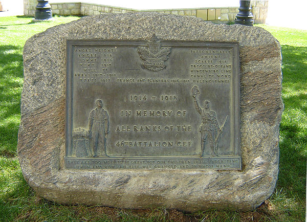 Plaque commemorating World War I veterans: "1914–1918 In Memory of All Ranks of the 46th Battalion C.E.F. They are too near to be great, but our child