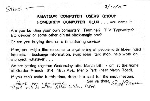 Invitation to first Homebrew Computer Club meeting.